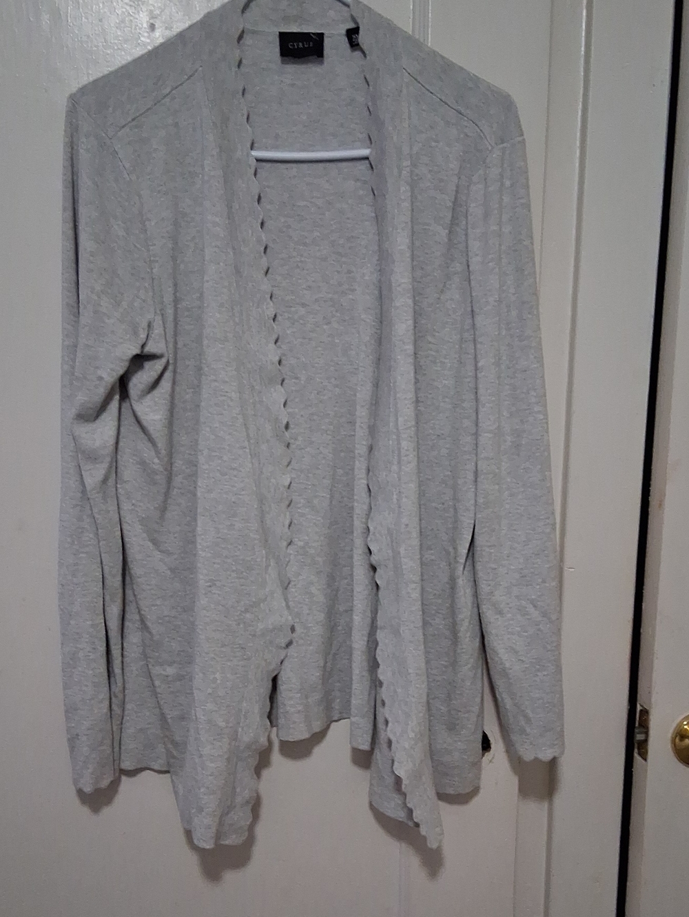 Cyrus Light Gray Open-Front Cardigan with Scalloped Edge